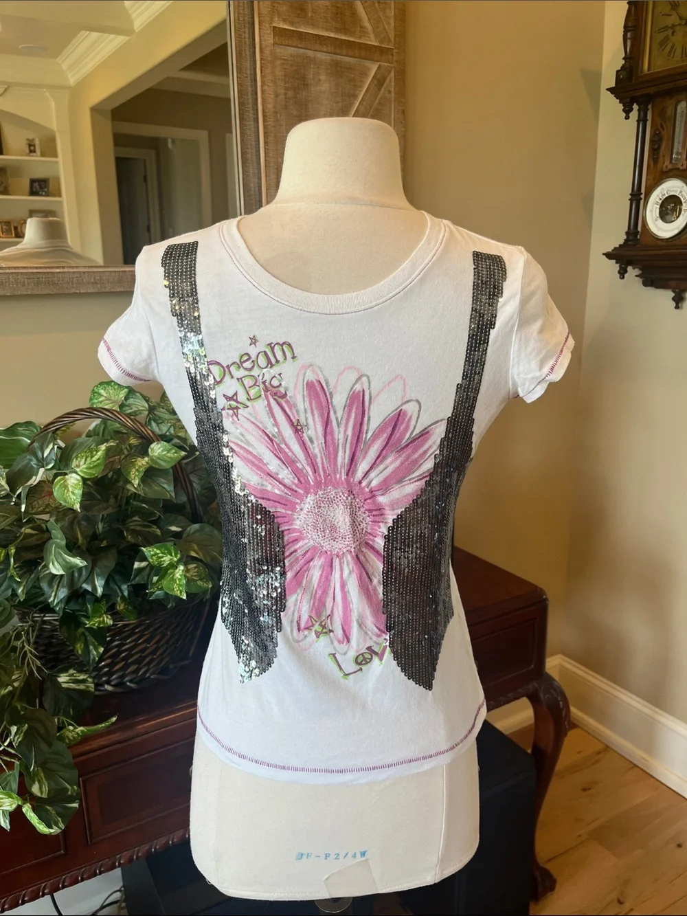 Justice Sequined White Tee Flower Dream Big